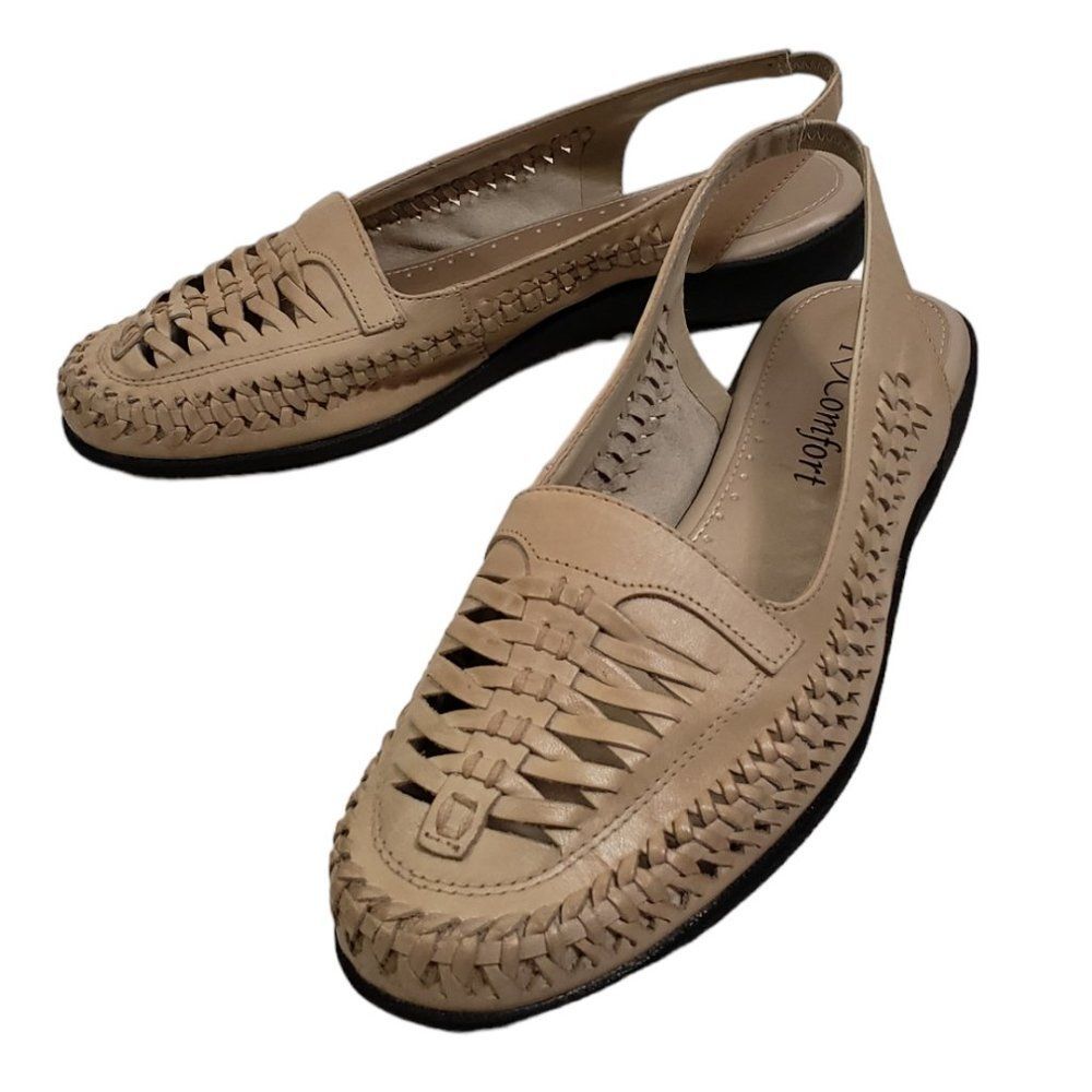 I Love Comfort Womens Minnie Beige Woven Leather Moc Toe Wedge Shoe 9.5M